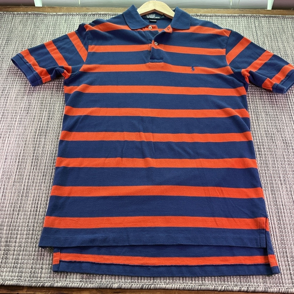 Polo Ralph Lauren Mens Orange Blue Striped Short Sleeve Cotton Polo Shirt Size M